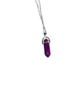 Purple Crystal Hexagonal Point Pendant Necklace Silver Tone